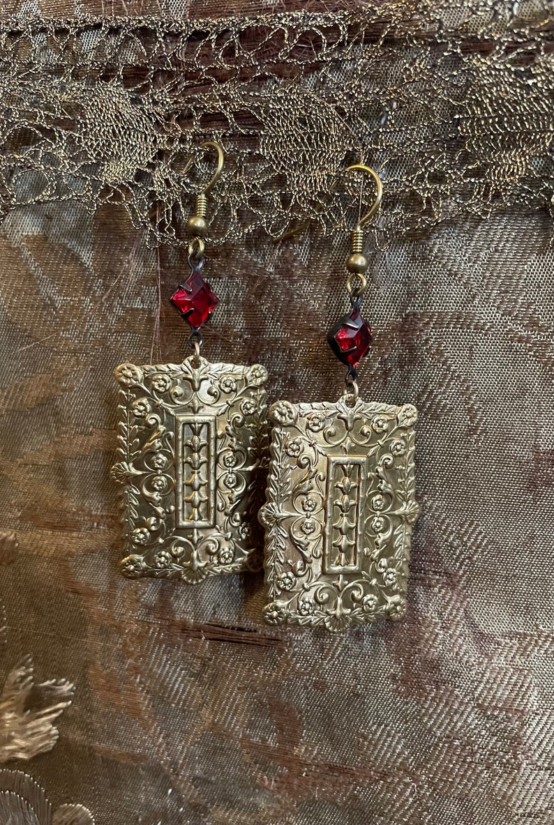 Victorian dangling earrings red and gold art nouveau earrings flapper earrings gift ready to ship image 6