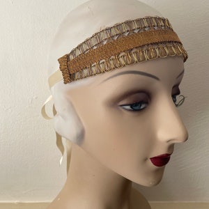 Amina 1920s style gold headband with red flowers, green feathers and an antique butterfly applique ready to ship image 4