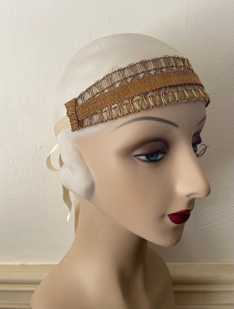 Amina 1920s style gold headband with red flowers, green feathers and an antique butterfly applique ready to ship image 4