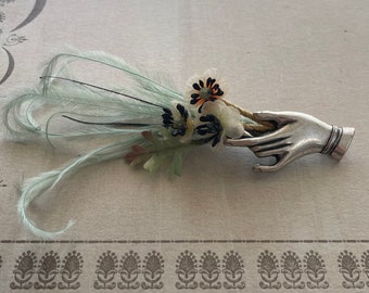 victorian hand pin in silver, aqua, black and white, victorian inspired hand feather and flower brooch - ready to ship