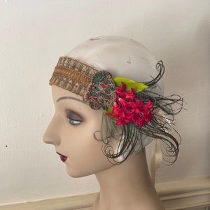 Amina 1920s style gold headband with red flowers, green feathers and an antique butterfly applique ready to ship image 7