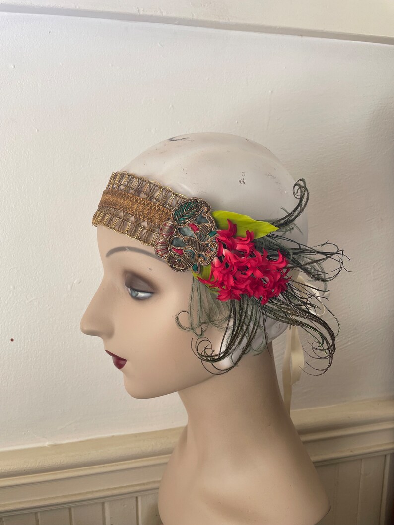 Amina 1920s style gold headband with red flowers, green feathers and an antique butterfly applique ready to ship image 7