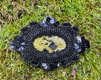 Black and green embroidered moss brooch with antique black butterfly and antique sequined frame - ready to ship