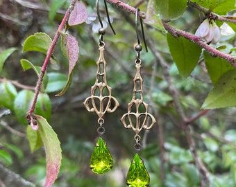 art deco olive green and brass dangling earrings art nouveau earrings flapper earrings gift - ready to ship