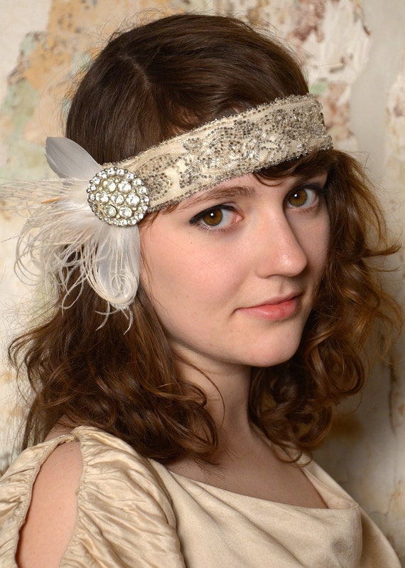 Items similar to sale- 1920s beaded net lace flapper headband in ivory ...