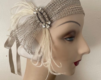 Beryl- 1920s, 1930's headband bohemian headband made of antique silver net and antique ivory ostrich feathers - ready to ship
