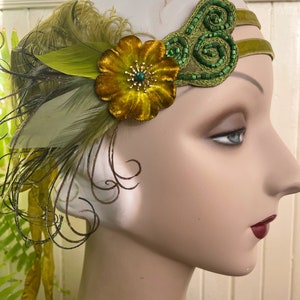 Cordelia Green 1920's hand beaded headband, fairy flapper headpiece green velvet headband with vintage feathers ready to ship image 2