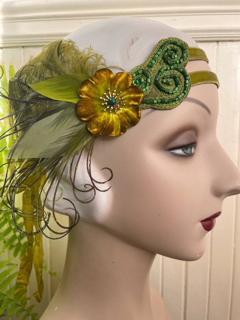 Cordelia Green 1920's hand beaded headband, fairy flapper headpiece green velvet headband with vintage feathers ready to ship image 2
