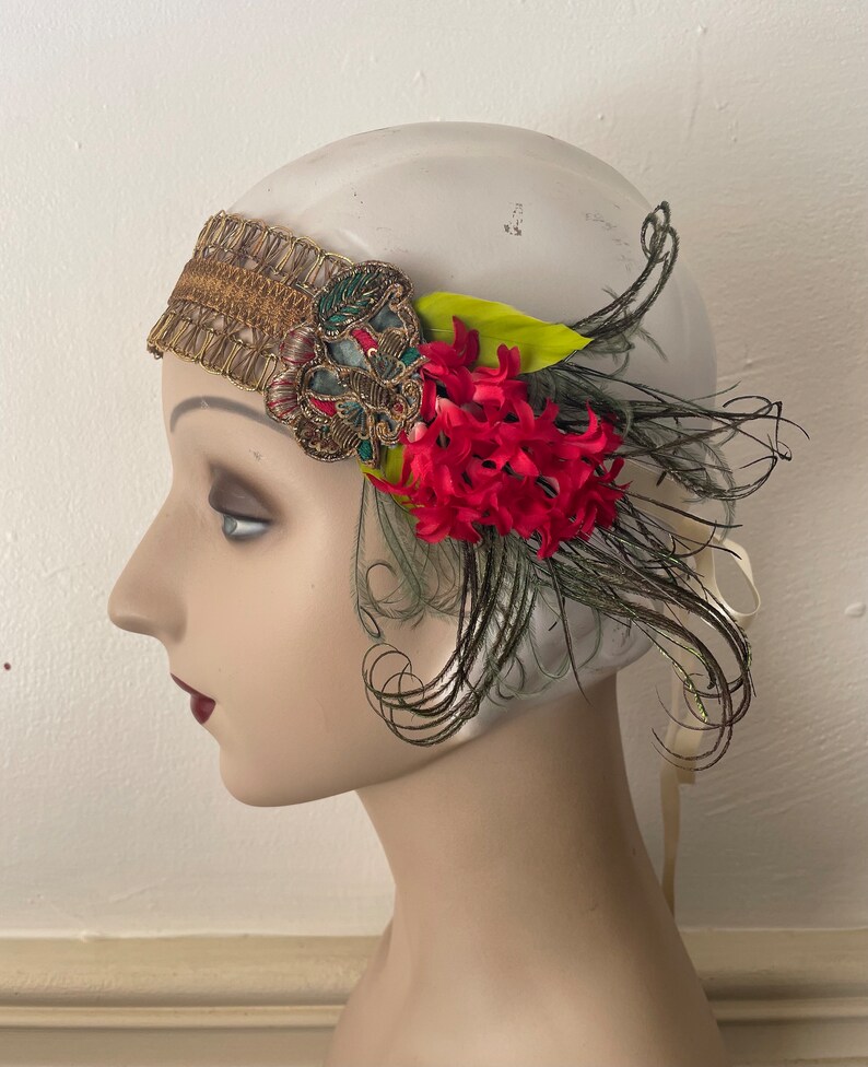 Amina 1920s style gold headband with red flowers, green feathers and an antique butterfly applique ready to ship image 6