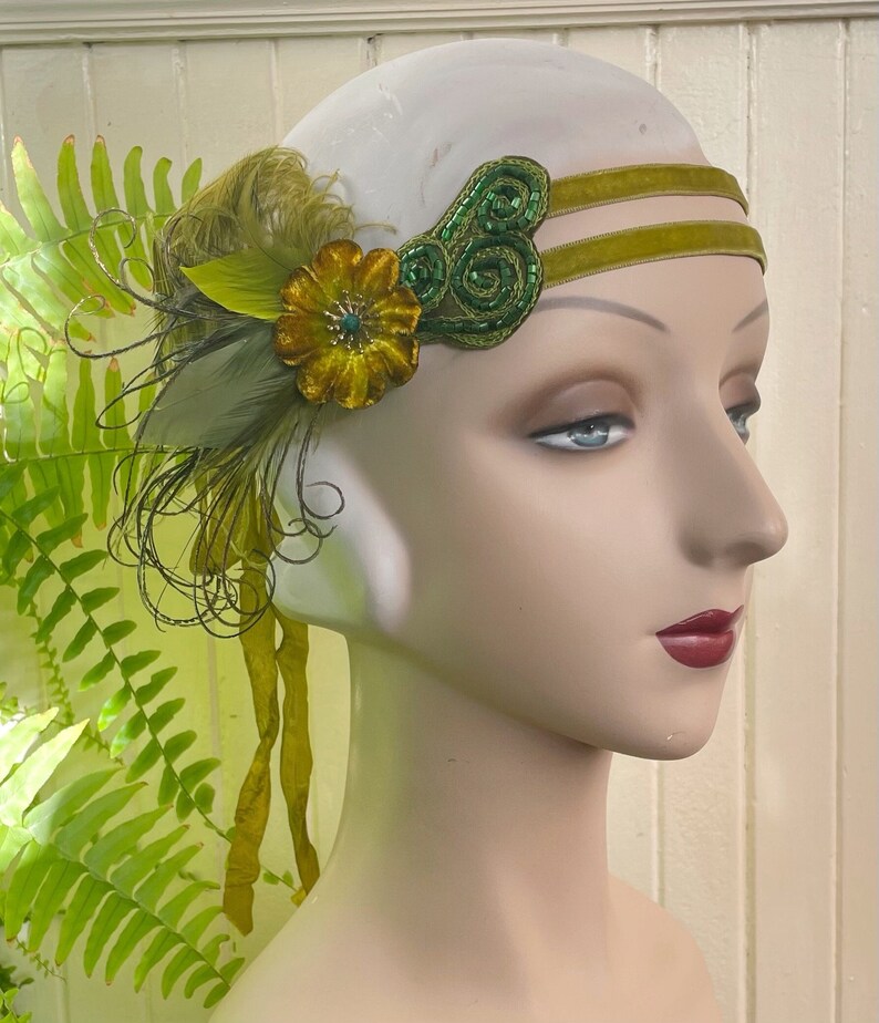 Cordelia Green 1920's hand beaded headband, fairy flapper headpiece green velvet headband with vintage feathers ready to ship image 1