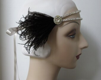 1920's headband 20's headpiece flapper headband - double band of vintage rhinestones, black feathers-  roaring 20's gatsby