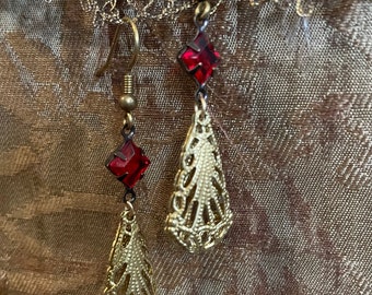 Red and gold Victorian dangling earrings art nouveau earrings flapper earrings gift - ready to ship