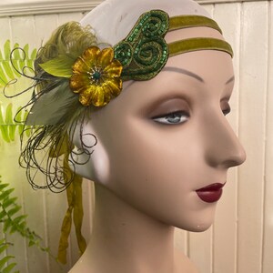 Cordelia Green 1920's hand beaded headband, fairy flapper headpiece green velvet headband with vintage feathers ready to ship image 6