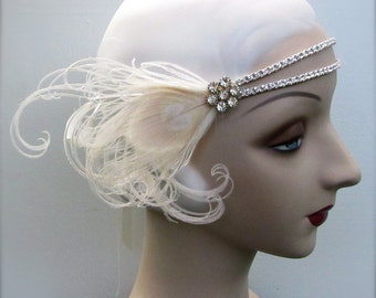 eloise in ivory - flapper headband with double rhinestone band, vintage rhinestone button and ivory peacock feathers