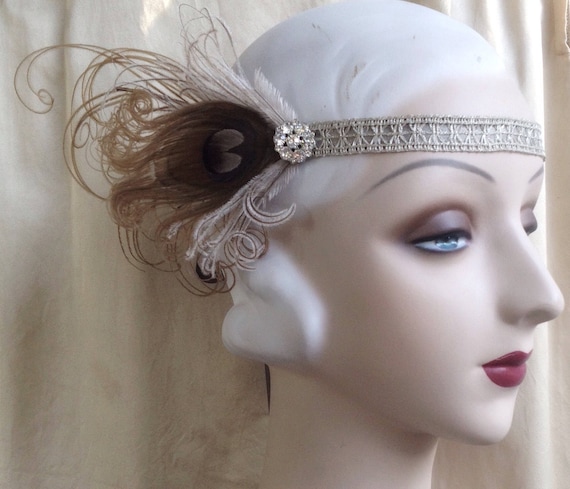 Brown Taupe Cream and Silver Lace Flapper Headband 1920 display picture 3