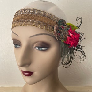Amina 1920s style gold headband with red flowers, green feathers and an antique butterfly applique ready to ship image 3