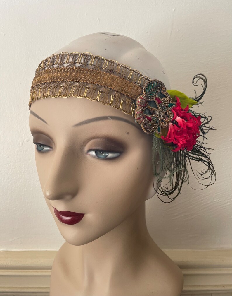 Amina 1920s style gold headband with red flowers, green feathers and an antique butterfly applique ready to ship image 3