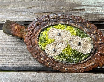 Miniature moss barrette- hand embroidered moss and fungi barrette in silk and rust - ready to ship