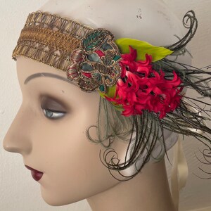 Amina 1920s style gold headband with red flowers, green feathers and an antique butterfly applique ready to ship image 2