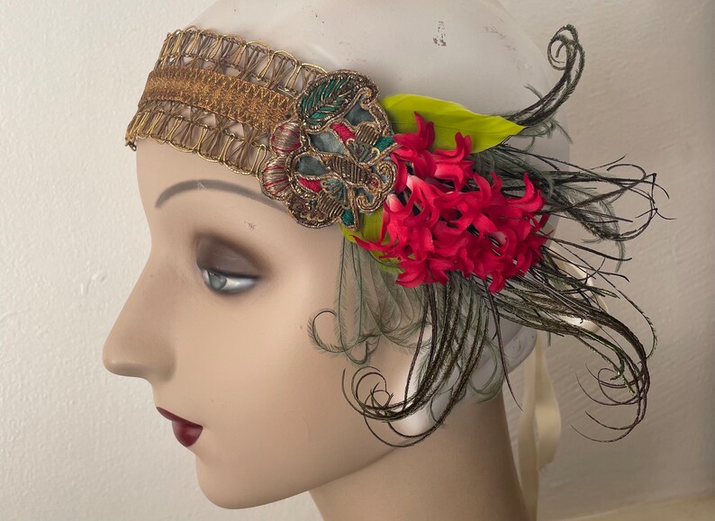 Amina 1920s style gold headband with red flowers, green feathers and an antique butterfly applique ready to ship image 2