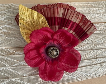 Pleated striped hair clip in red and gold with a vintage flower- Victorian, Steampunk, Carnival, Flapper, Circus, 1920s- ready to ship