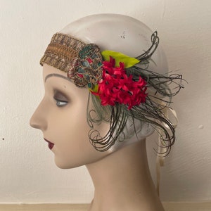 Amina 1920s style gold headband with red flowers, green feathers and an antique butterfly applique ready to ship image 5