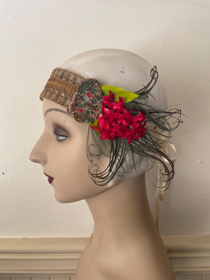 Amina 1920s style gold headband with red flowers, green feathers and an antique butterfly applique ready to ship image 5