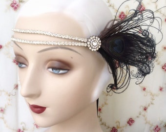rhinestone flapper feather headpiece 1920's style double band headband gatsby with black peacock feathers- eloise in black