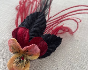 Red and black feather fascinator hair clip pansy clip 192Os style sustainable feather hair clip- ready to ship