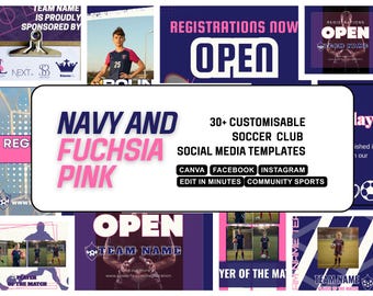 Customisable Soccer Club Social Media Templates, Navy Blue Fuchsia Pink Canva Pack
