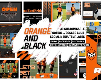 BLACK ORANGE SOCCER club customisable social media Canva template, Suitable for high school, non profit club sports, community football