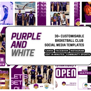 PURPLE WHITE BASKETBALL Canva Template | Customisable and Easy to Edit Facebook and Instagram Posts| High school, Non profit, College Sport