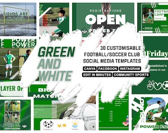 GRÖN VIT FOTBOLLSklubb, anpassningsbar Canva-mall för sociala medier, lämplig för gymnasieskolor, ideella idrottsklubbar och lokala fotbollsklubbar.