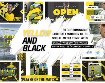 BLACK YELLOW SOCCER club customisable social media Canva template, Suitable for high school, non profit club sports, community football