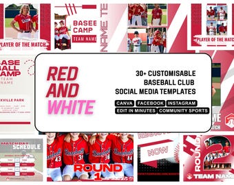 RED WHITE BASEBALL Canva Template | Customisable and Easy to Edit Facebook and Instagram Posts| High school, Non profit, College Sport