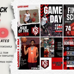 RED BLACK Basketball Canva Template | Customisable and Easy to Edit Instagram Posts and Reels | Game Day, MVP, Stats
