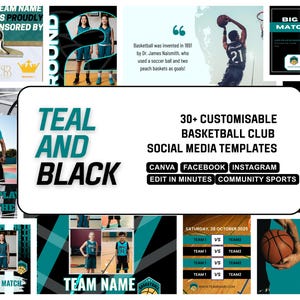TEAL BLACK BASKETBALL Canva Template | Customisable and Easy to Edit Facebook and Instagram Posts| High school, Non profit, College Sport