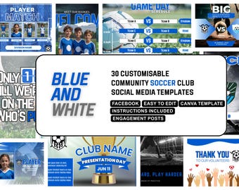BLUE WHITE Soccer Canva Template | Customisable and Easy to Edit Facebook Posts| High school, Non profit, College Sport | Soccer club post