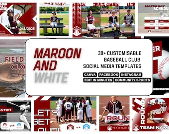 MAROON WHITE BASEBALL Canva Template | Customisable and Easy to Edit Facebook and Instagram Posts| High school, Non profit, College Sport