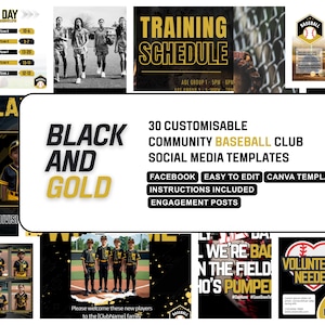 Könnte beinhalten: Eine Sammlung von Social-Media-Vorlagen zum Thema Baseball in Schwarz und Gold. Das Bild enthält Grafiken für Spieltage, Trainingspläne, Spielervorstellungen und Präsentationstage. Die Vorlagen sind anpassbar und einfach zu bearbeiten.