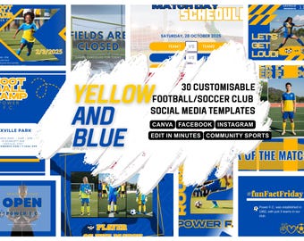 Customisable Soccer Club Social Media Templates, Blue and Yellow Canva Pack