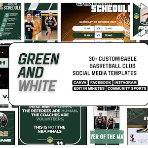 GREEN WHITE BASKETBALL Canva Template | Customisable and Easy to Edit Facebook and Instagram Posts| High school, Non profit, College Sport