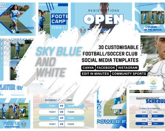 SKY BLUE + WHITE Soccer customisable social media Canva template, Suitable for high school, non profit club sports, community football