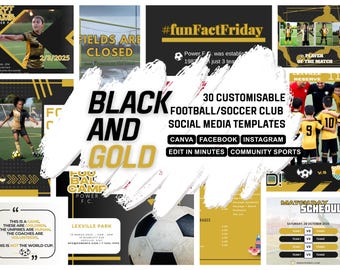 SVART GULD FOTBOLLSKLUBB anpassningsbar Canva-mall för sociala medier, lämplig för gymnasieskolor, ideella idrottsklubbar, lokala fotbollsklubbar