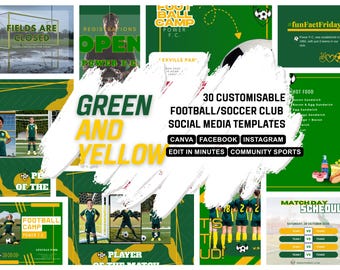 Customisable Soccer Club Social Media Templates, Green and Yellow Canva Pack