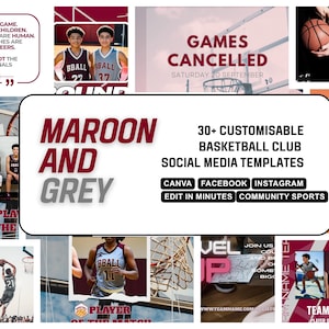 MAROON GREY BASKETBALL Canva Template | Customisable and Easy to Edit Facebook and Instagram Posts| High school, Non profit, College Sport