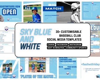 SKY BLUE WHITE Baseball Canva Template | Customisable and Easy to Edit Facebook and Instagram Posts| High school, Non profit, College Sport