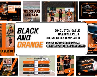 BLACK ORANGE BASEBALL Canva Template | Customisable and Easy to Edit Facebook and Instagram Posts| High school, Non profit, College Sport