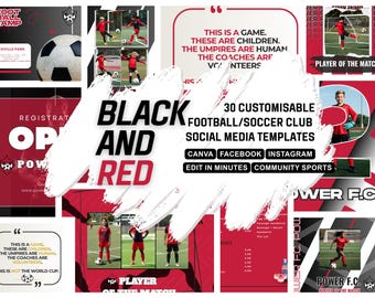 BLACK RED SOCCER club customisable social media Canva template, Suitable for high school, non profit club sports, community football clubs