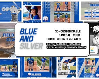 BLUE SILVER BASEBALL Canva Template | Customisable and Easy to Edit Facebook and Instagram Posts| High school, Non profit, College Sport